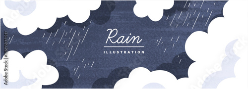 白い雲が囲む濃紺の雨空と斜めに降る雨線を描いたテクスチャ入り横長レイン背景イラスト