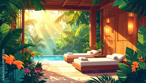 Premium spa suite opening to bright pool and floral border. Tropical lounge alcove with lantern glow and restful recliners. Resort pamper setting wrapped by leaves, bloom, and aqua view