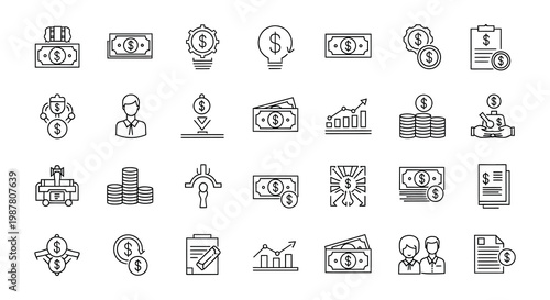 Collection of linear icons representing business finance and growth