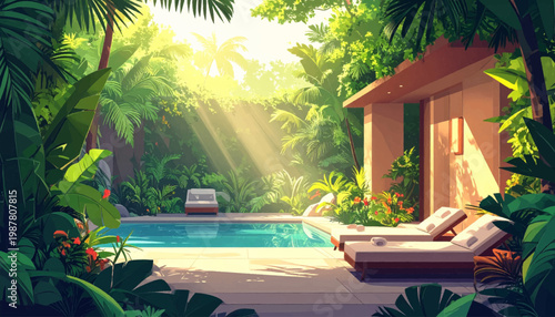 Secluded villa courtyard with turquoise basin and sunlit plants. Modern leisure terrace beside still water inside hidden garden. Upscale escape scene featuring loungers, blossoms, and calm shade