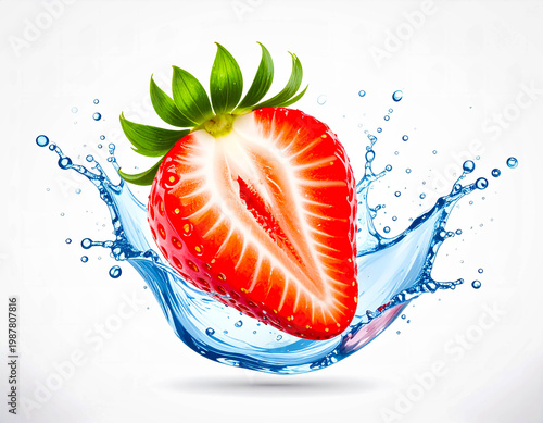 Split strawberry illustration in watercolor style with lively splash, clean and isolated on white.