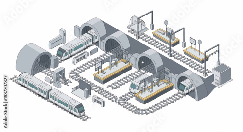 Modern subway train system with tunnels and stations illustration.