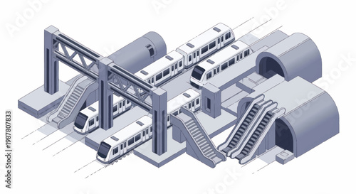 Modern subway station with trains and escalators isometric view.