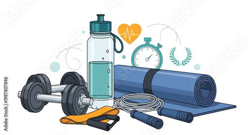 Fitness Equipment Collection: Dumbbells, Yoga Mat, Water Bottle, Jump Rope, Heart Monitor