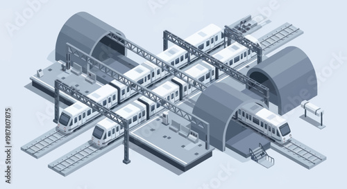Modern public transportation system with multiple trains and stations.