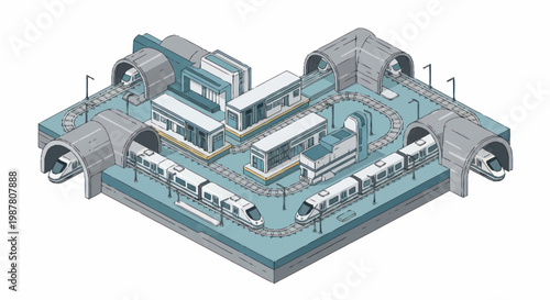 Modern subway station with trains and tunnels isometric view.