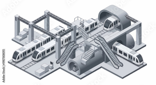 Modern subway station with trains and escalators.