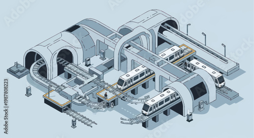 Futuristic transportation system with trains and tunnels.