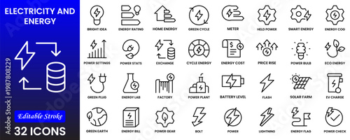 Electricity, electric power line, light, light bulb and electrical equipment.Outline icon collection. Conceptual pictogram and infographic.