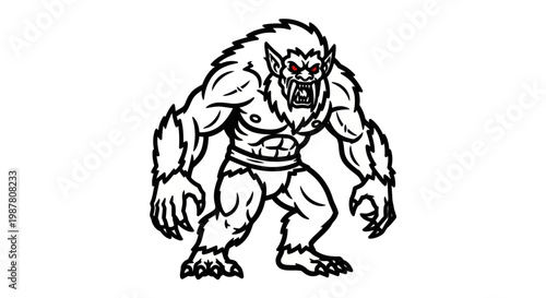 Fierce Werewolf Creature with Red Eyes, Monstrous Beast Illustration