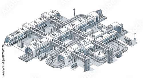 Futuristic Train Station Architecture with Multiple Platforms and Trains.
