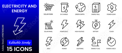 Electricity, electric power line, light, light bulb and electrical equipment.Outline icon collection. Conceptual pictogram and infographic.