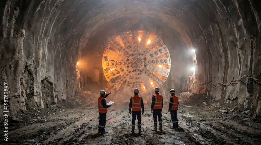 Fototapeta premium Engineers and workers observe a large tunnel boring machine in underground construction site.