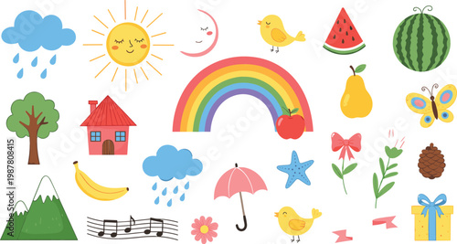 Cute Cartoon Set of Weather, Nature, and Seasonal Elements Including Sun, Rainbow, Fruits, Animals, and Plants for Kids' Illustrations, Websites, and Digital Designs
