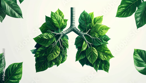 Lungs formed from tropical leaves, with roots symbolizing life. Nature-inspired lungs with roots and lush green leaves design. Vibrant lungs of leaves and roots, signifying environmental health