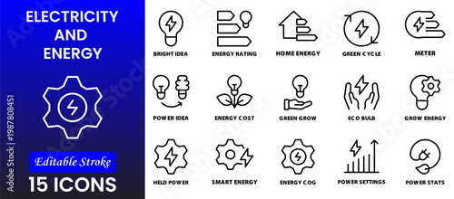 Electricity, electric power line, light, light bulb and electrical equipment.Outline icon collection. Conceptual pictogram and infographic.