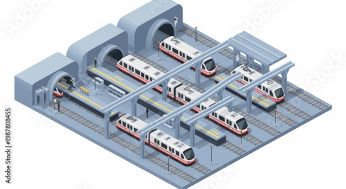 Modern Train Station with Multiple Tracks and Platforms.
