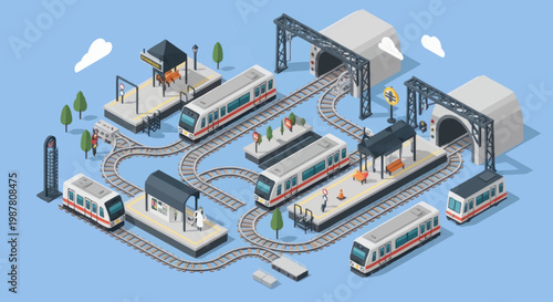 Modern train station with multiple platforms and trains.