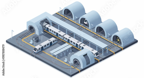 Modern train station with multiple platforms and trains.