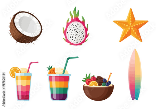 Flat Vector Tropical Summer Icon Set Featuring Coconut Dragon Fruit Smoothies Starfish and Surfboard