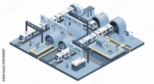 Modern Futuristic Train Station with Multiple Tracks and Trains.