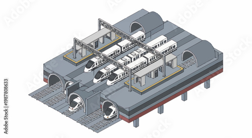 Modern high speed train station with multiple platforms and tunnels.
