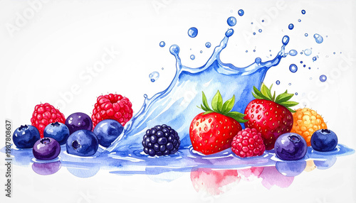Juicy berry assortment in watercolor with fresh splash details, isolated on a clean white background.