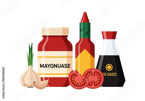 Flat Vector Illustration of Kitchen Condiments Set with Mayonnaise Jar, Hot Sauce, Soy Sauce, Fresh Garlic, and Tomato Slices Isolated on White