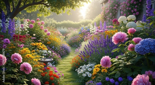 Beautiful Garden Path with Colorful Flowers and Sunlight.