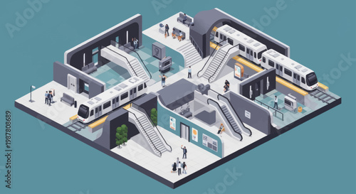 Modern Subway Station with Trains and Escalators Isometric View.