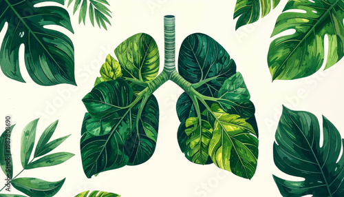 Lungs with contrasting green leaves and darker shadows for depth. Nature-inspired lungs with vibrant and contrasting tropical leaves. Lungs of lush tropical leaves with different shades
