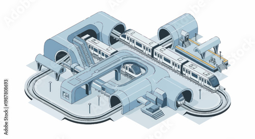Modern Futuristic Subway Station with Trains and Tunnels.