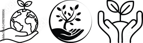 Minimalist Global Ecology and Environmental Protection Icon Set, vector, illustration, silhouette.