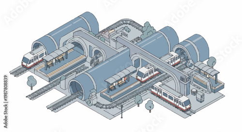Modern underground metro station with multiple trains and tunnels.