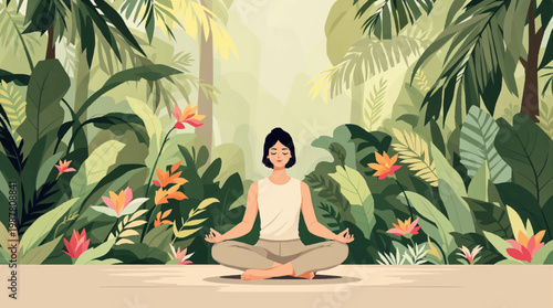 Calm meditation scene with a peaceful woman and vibrant nature. Serene tropical forest background with woman practicing mindfulness. Relaxed woman meditating in a lush tropical environment with blooms