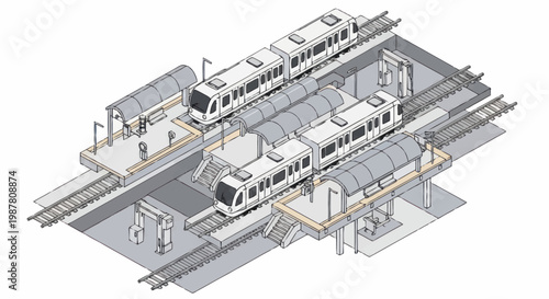 Modern Urban Transit System with Multiple Trains at Station.