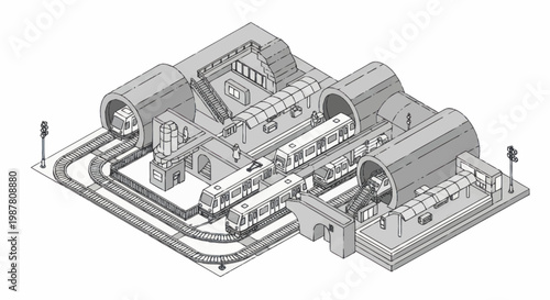 Modern subway station with trains and tunnels illustration.