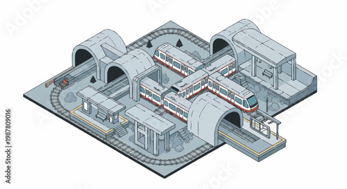 Modern Train Station with Multiple Tracks and Tunnels Isometric View.