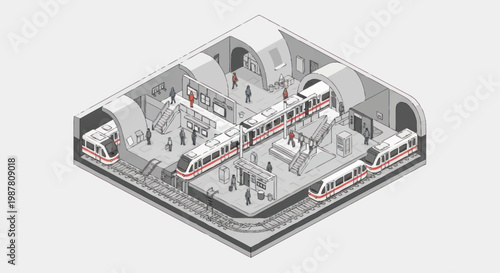 Isometric view of a modern subway station with trains and passengers.