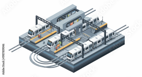 Modern Automated Train Station with Multiple Platforms and Trains.