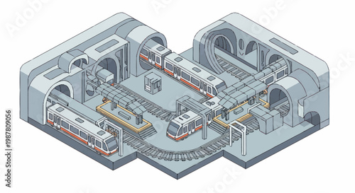 Isometric view of a modern subway station with trains and tunnels.