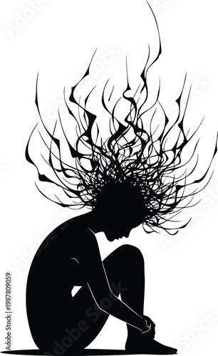 Stressed Woman Silhouette with Flaming Hair on White Background