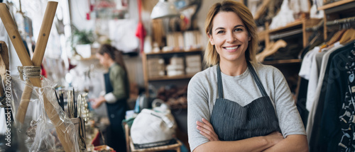 Smile female shop owner apron small business retail entrepreneur happiness female shop owner with apron standing confident cozy retail small
