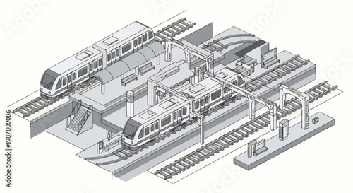 Modern Train Station with Multiple Platforms and Trains.
