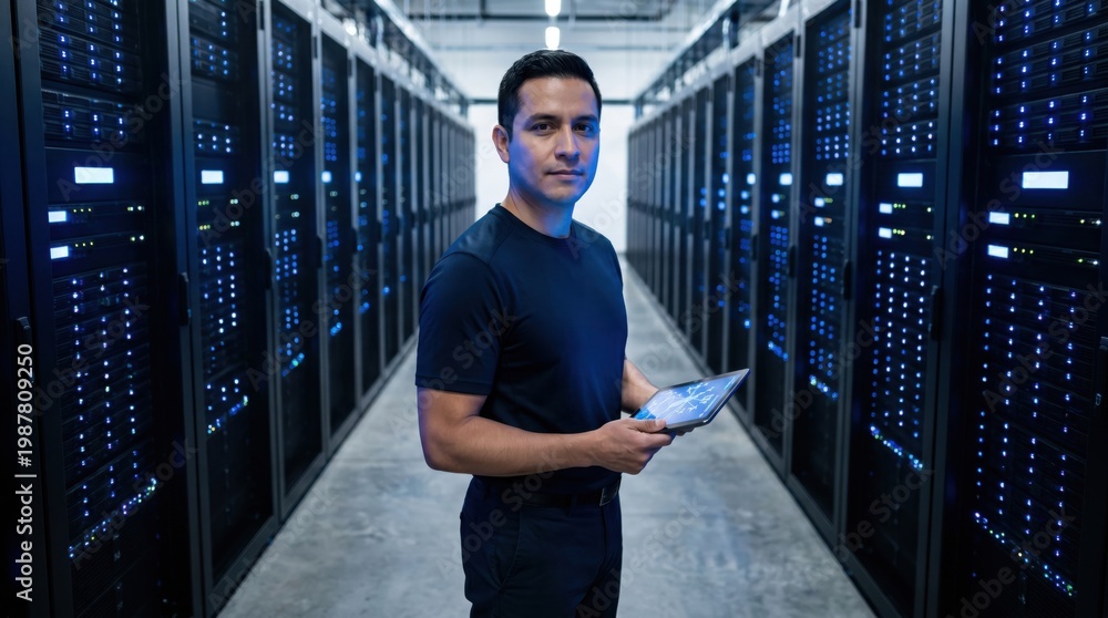 Fototapeta premium IT Technician Man Holding Tablet Standing in Server Room Data Center.