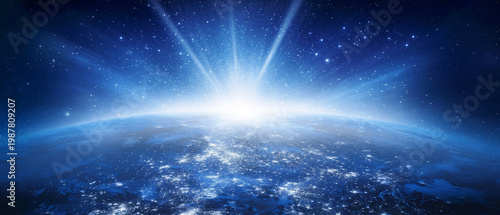 Space galaxy horizon, glowing sunrise above earth, bright starburst light over city nightscape, cosmic atmosphere feeling hopeful wonder