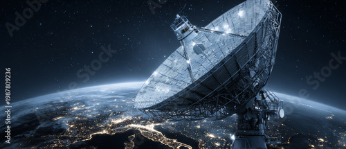 Satellite antenna technology communication night space earth orbit telecom astronomy Giant satellite antenna technology communication night over