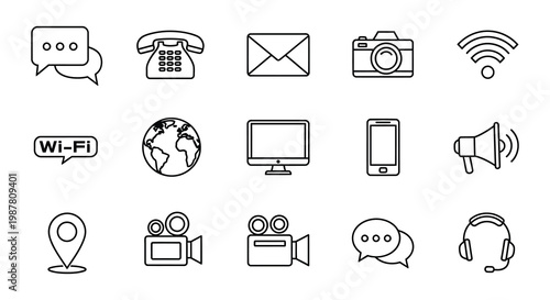 Collection of communication and technology related linear icons in grayscale