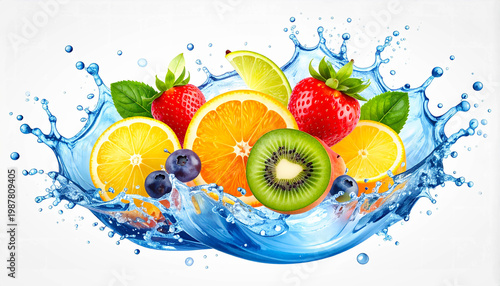 Assorted fruits in watercolor with fresh splash details, vibrant tones isolated on a clean white background.