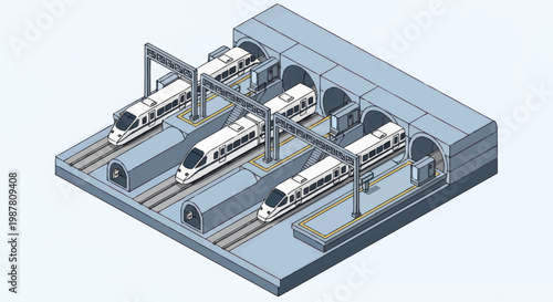 Trains on rail tracks platform station.